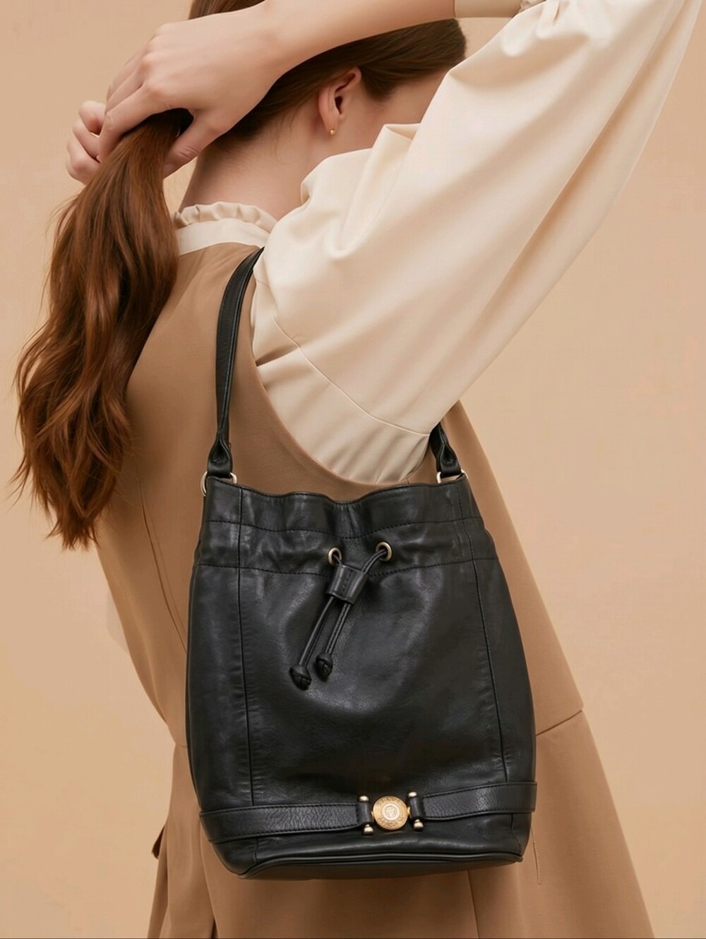 Vtg Etienne Aigner Black Leather Women's Draw String Purse